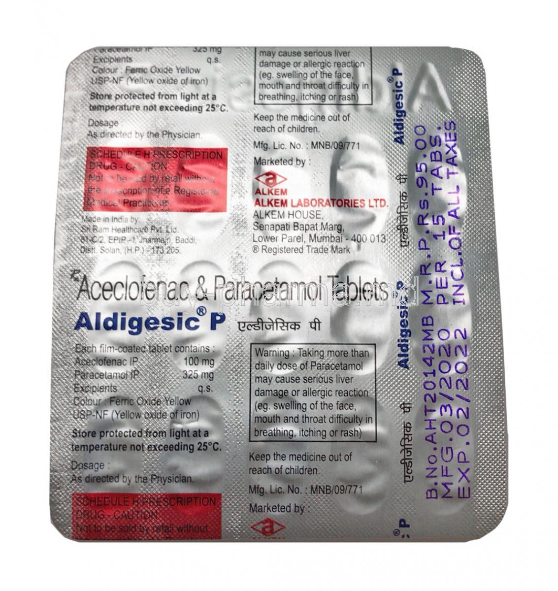 Aldigesic P, Aceclofenac and Paracetamol tablet back