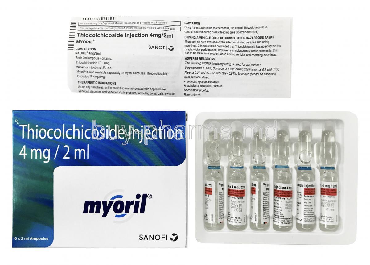 Myoril Injection, Thiocolchicoside 4mg box and ampoules