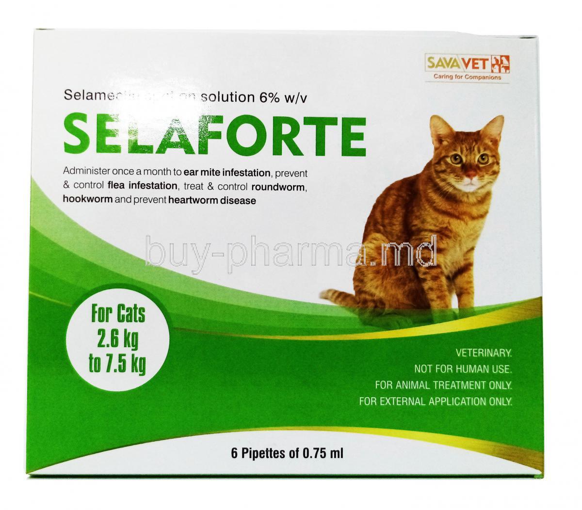 Selaforte For Cats, Selamectin, 45mg / 0.75ml Spot On for Cat (2.6kg to 7.5kg) x 6 Pipettes, Box Front