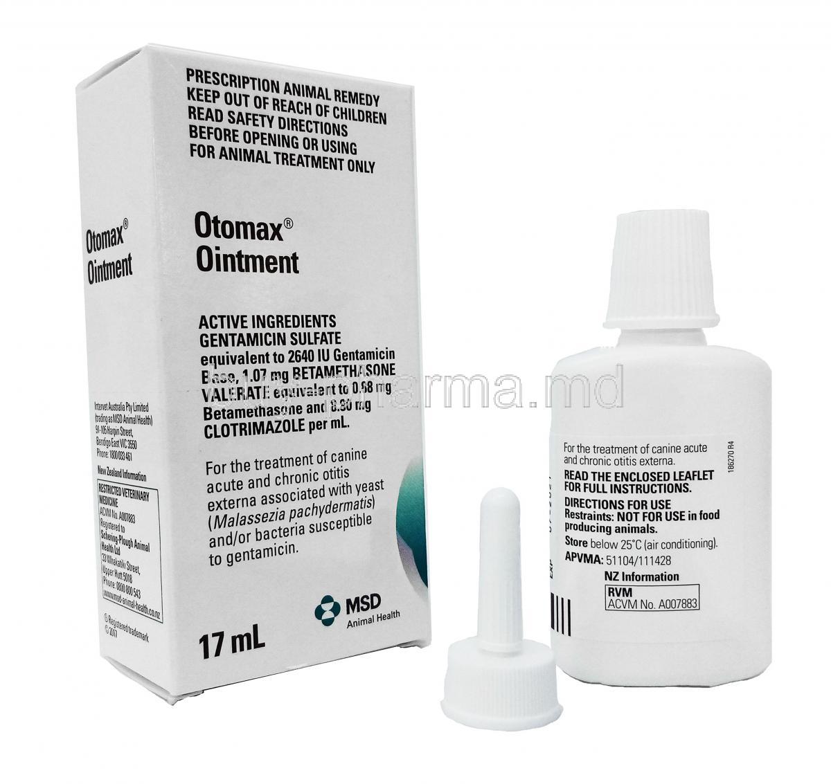 Otomax Ointment, Gentamicin 2640 IU/ Betamethasone 0.88 mg/ Clotrimazole 8.80 mg per 1ml, 17ml, Box, bottle