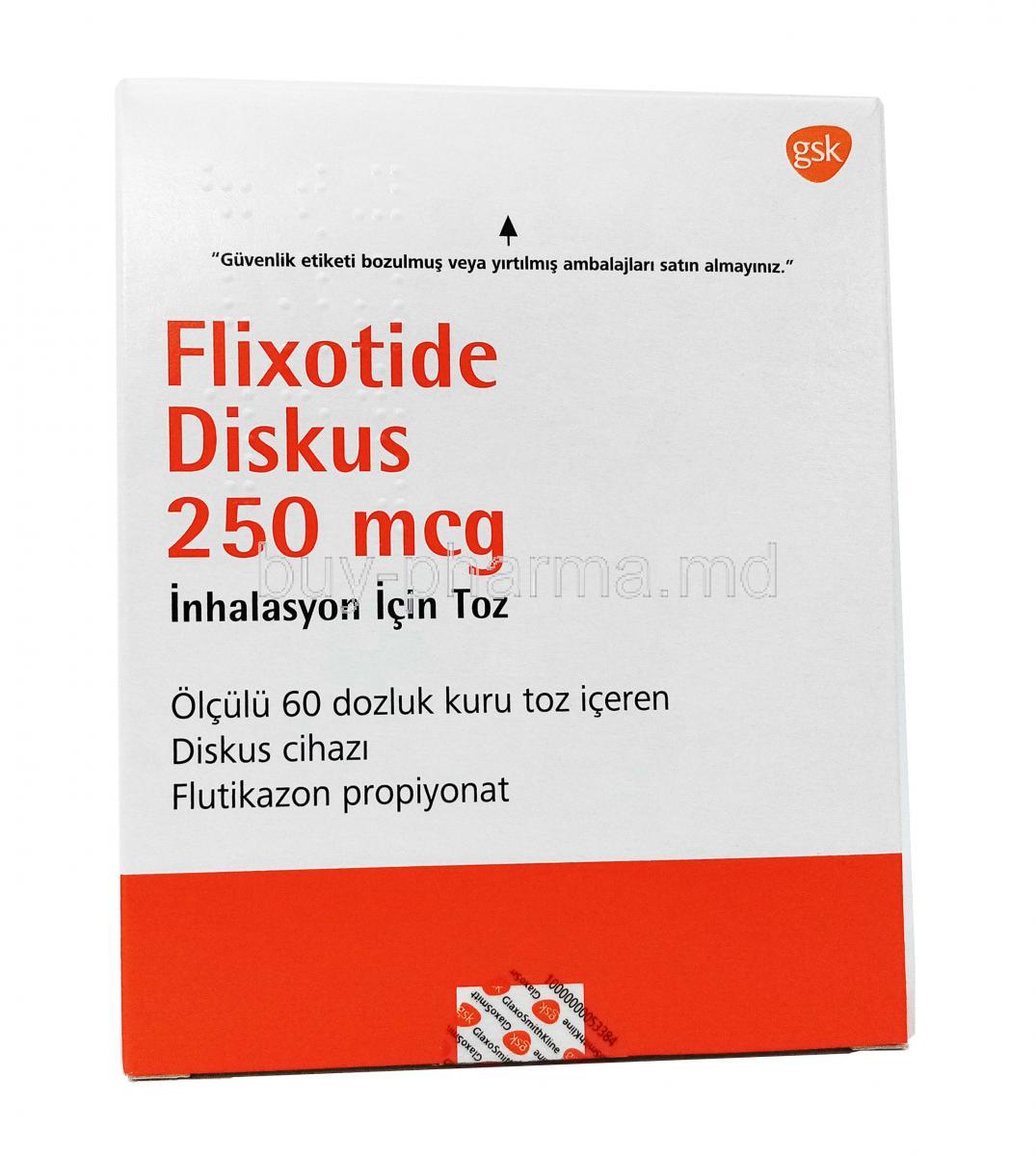 Flixotide Diskus, Fluticasone Propionate, 250 mcg 60 doses Inhaler, Box front view