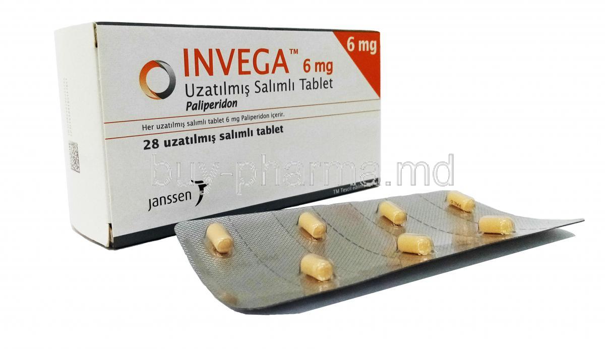Invega, Paliperidone, 6 mg, 28 tabs (Extended Release ). Box, Sheet