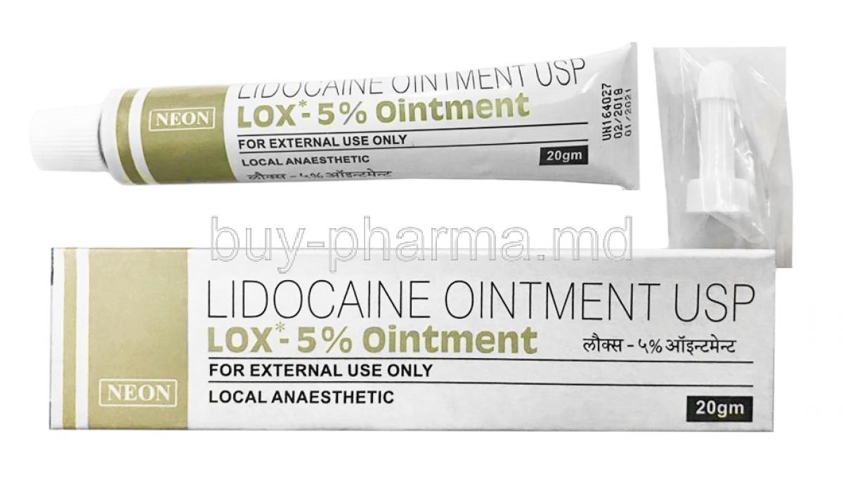 Lox Ointment, Lidocaine 5% box and tube