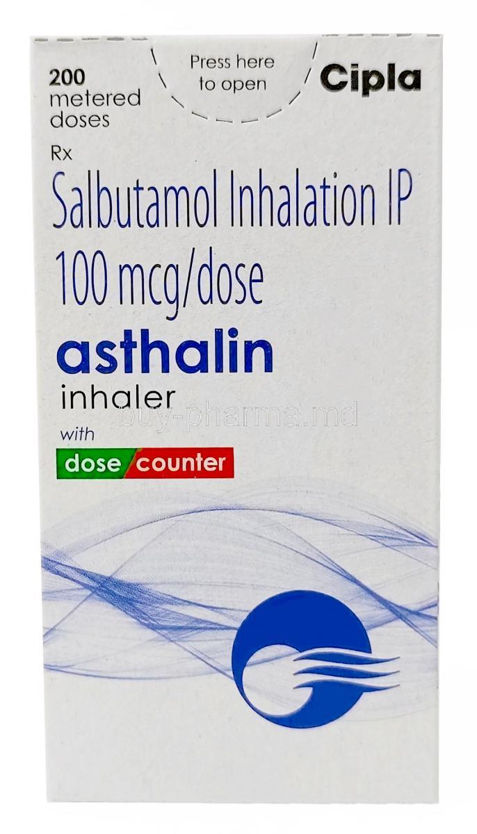 Asthalin Inhaler CFC Free, Salbutamol 100mcg,Inhaler 200 MD, Box front view