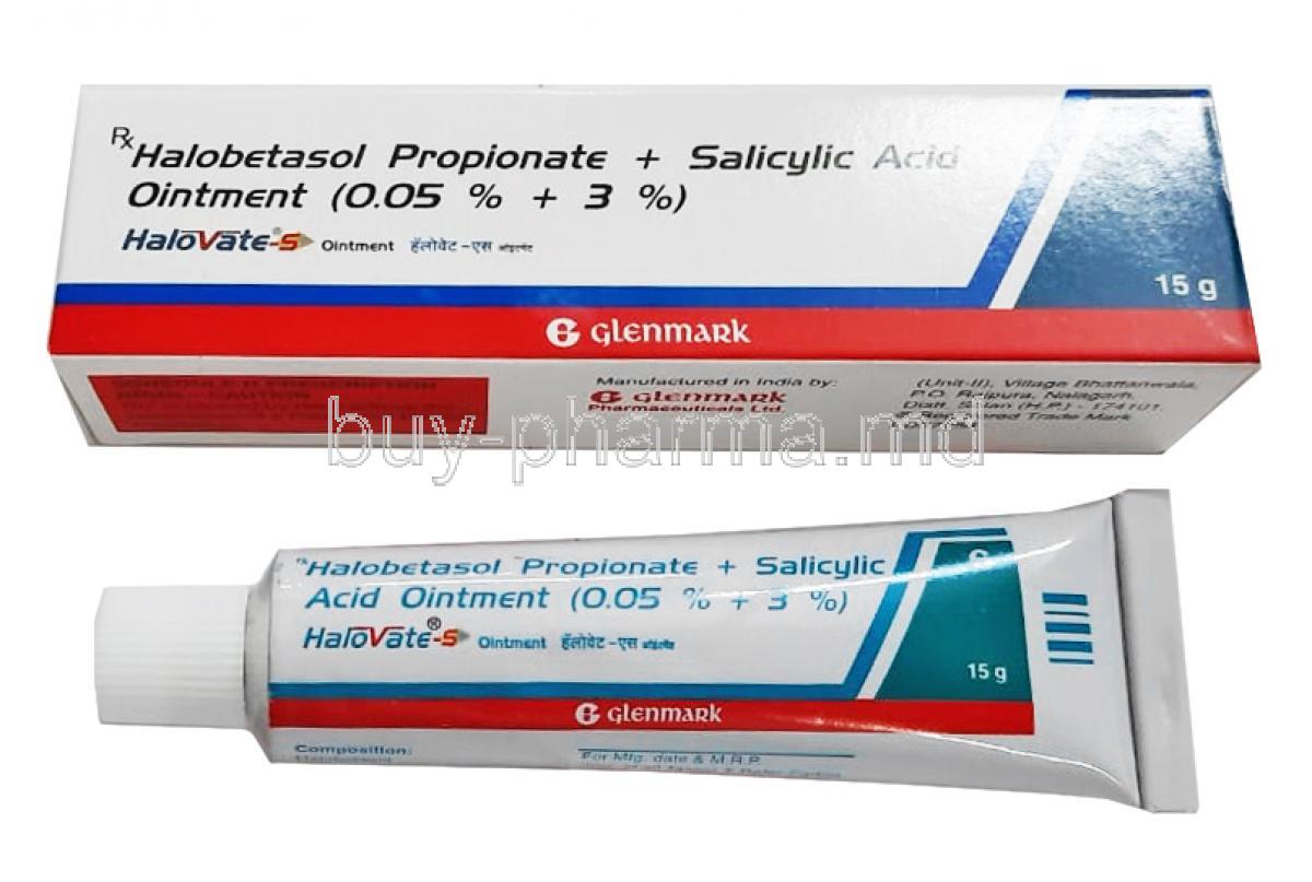 Halovate S Ointment, Halobetasol and Salicylic Acid box and tube