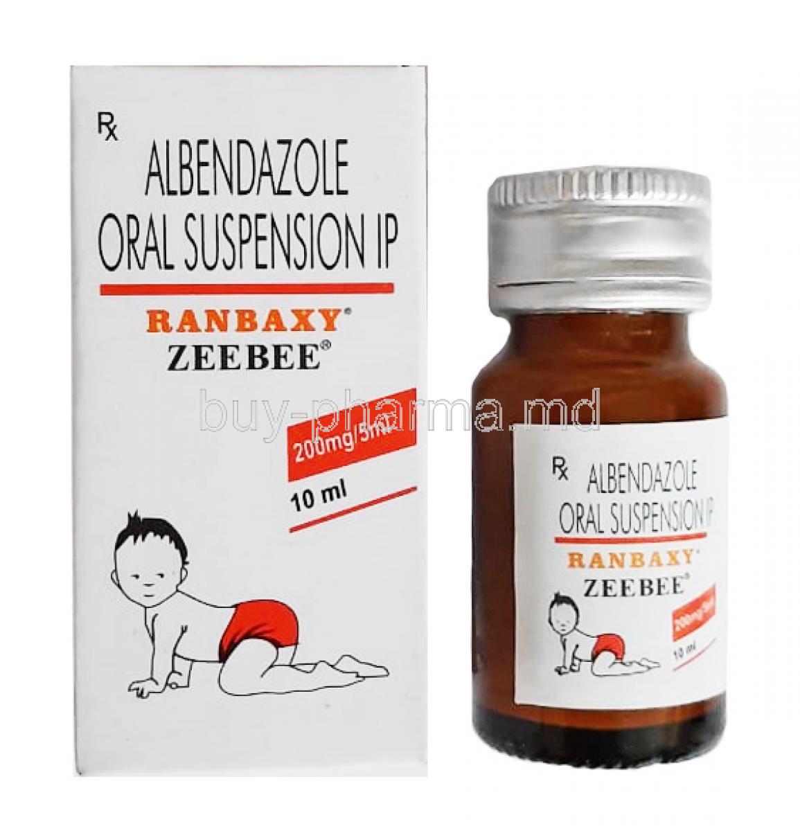 Zeebee Oral Suspension, Albendazole 200mg box and bottle