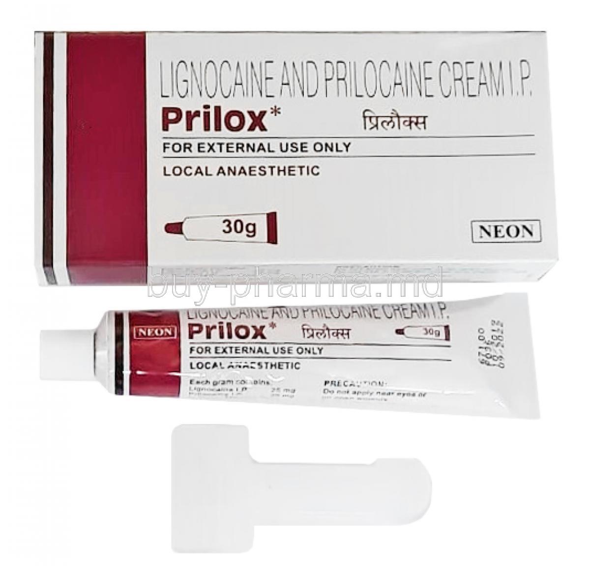 Prilox Cream, Prilocaine and Lidocaine 30g box and tube