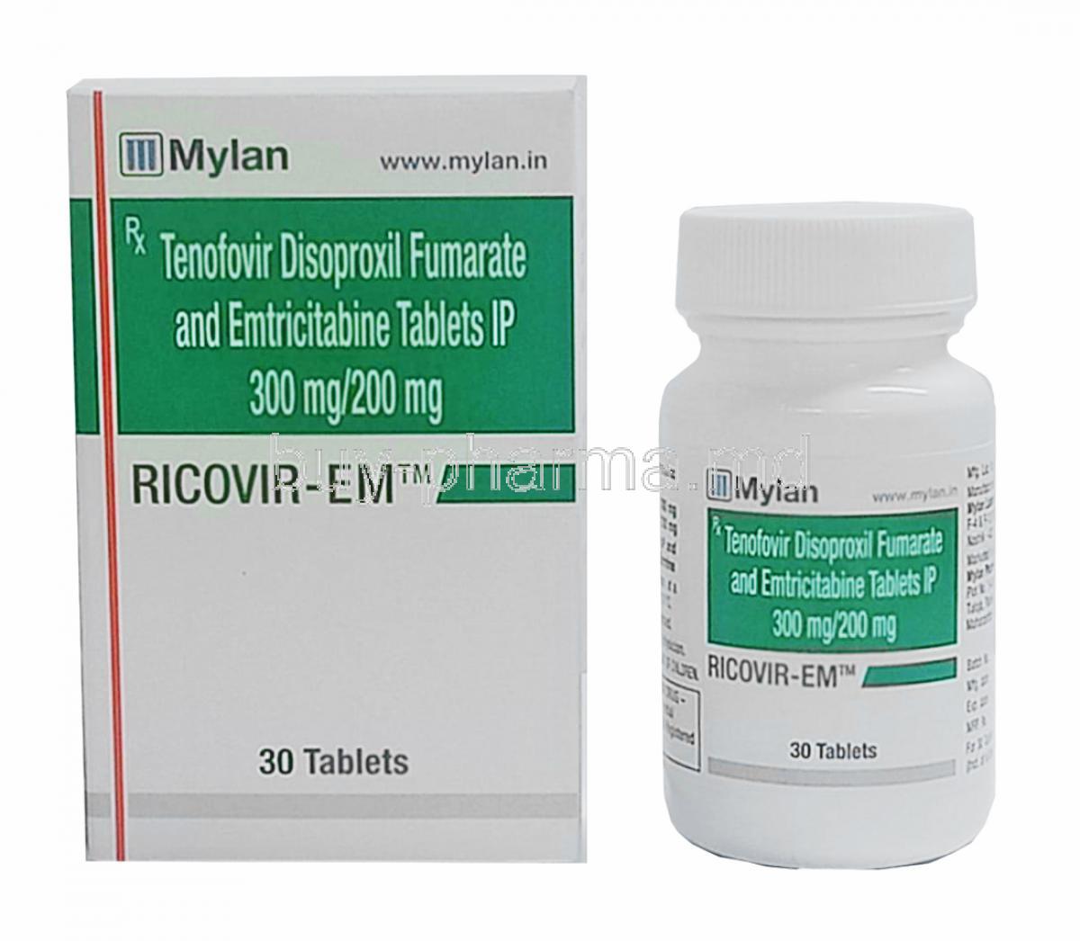 Ricovir EM, Tenofovir Disoproxil Fumarat and Emtricitabine  box and bottle