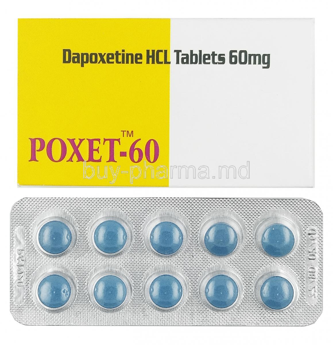 Poxet, Dapoxetine 60mg box and tablets