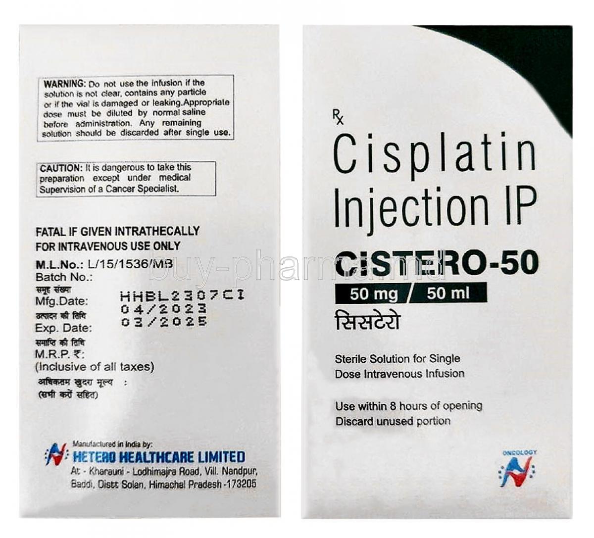 Cistero Injection, Cisplatin 50 mg, Injection,Hetero Healthcare, Box