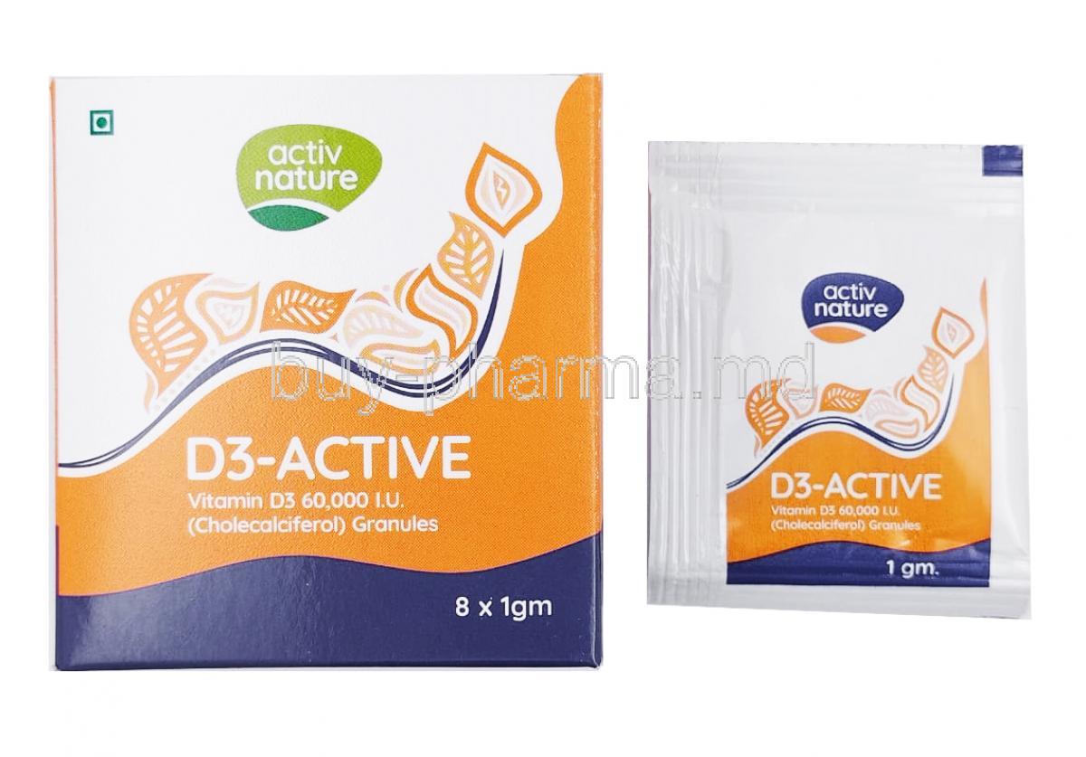 D3-Active Sachet, Vitamin D3 box and sachet