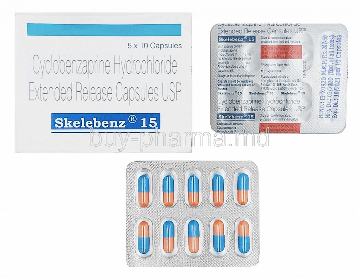 Skelebenz, Cyclobenzaprine 15mg box and capsule