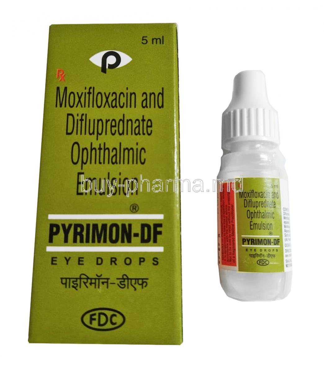 Pyrimon-DF Eye drop, Moxifloxacin and Difluprednate box and bottle