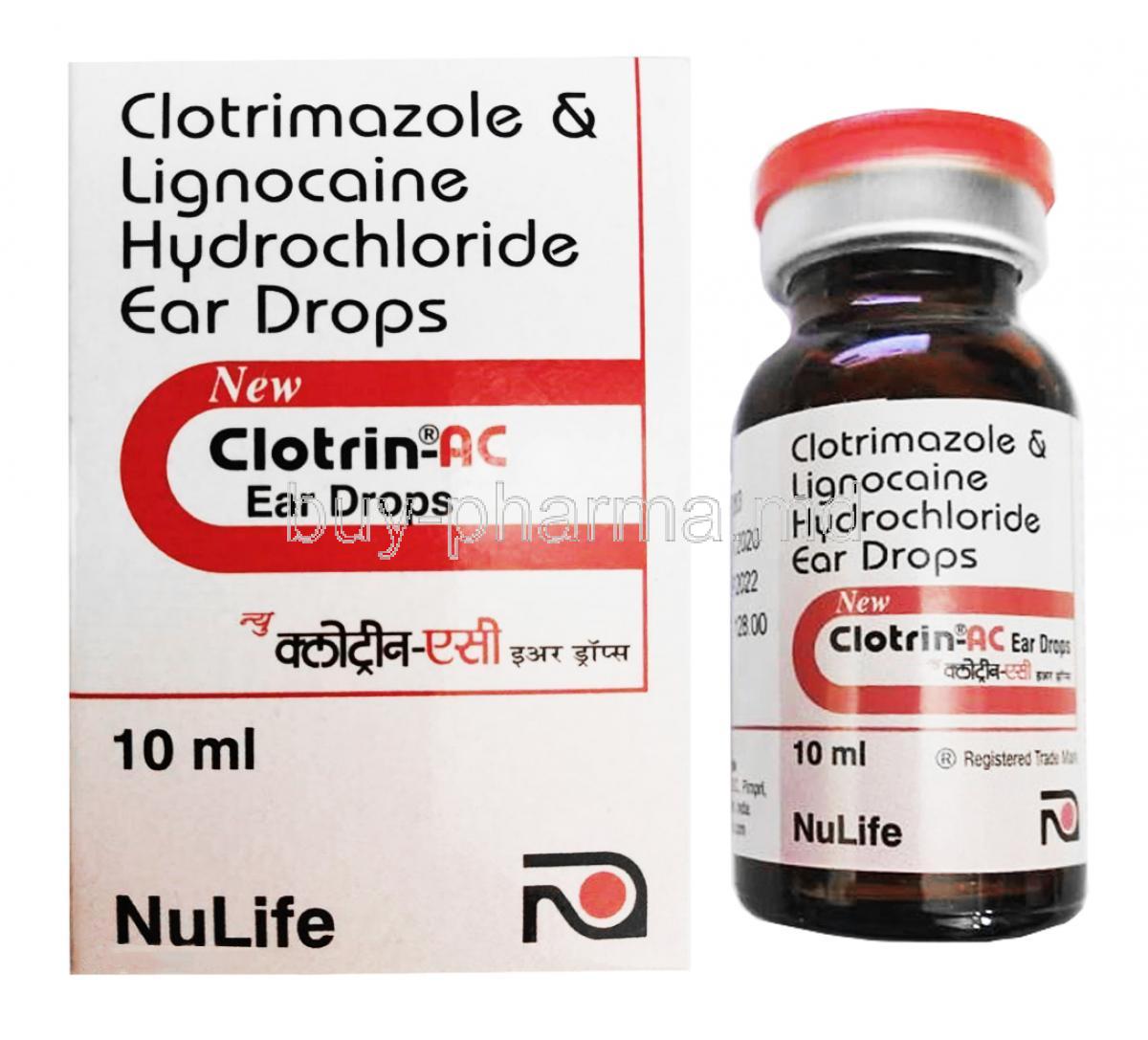 New Clotrin-AC Ear Drop, Lidocaine Clotrimazole box and bottle