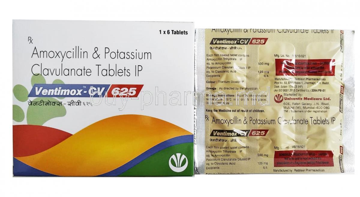 Ventimox-CV, Amoxycillin 500mg and Clavulanic Acid 125mg box and tablet