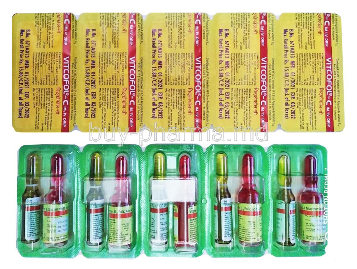 Vitcofol C Combipack Injection, Folic Acid, Methylcobalamin, Niacinamide and Vitamin C ampoules