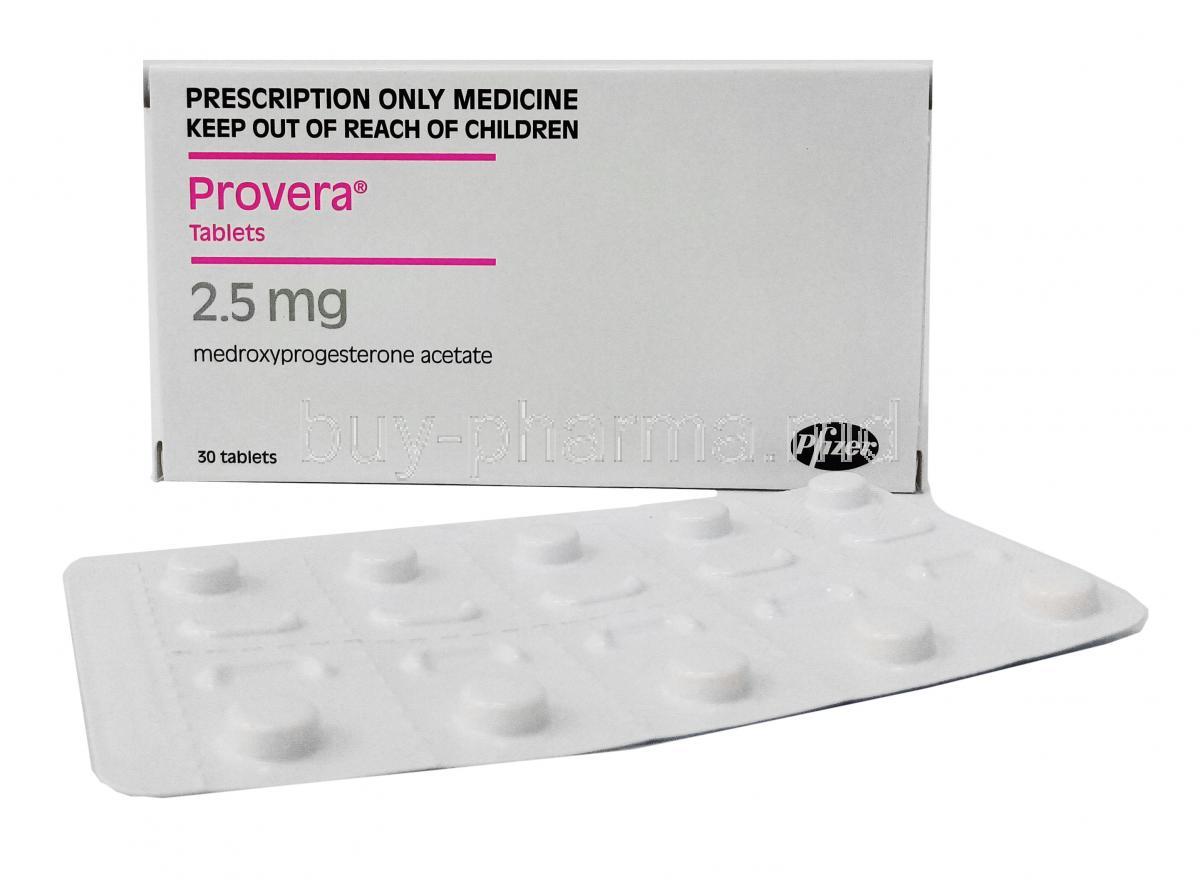 Provera, Medroxyprogesterone 2.5mg  box and tablet