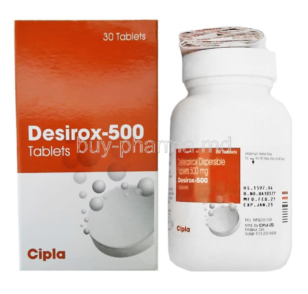 Desirox, Deferasirox 500 mg box, bottle and leaflet