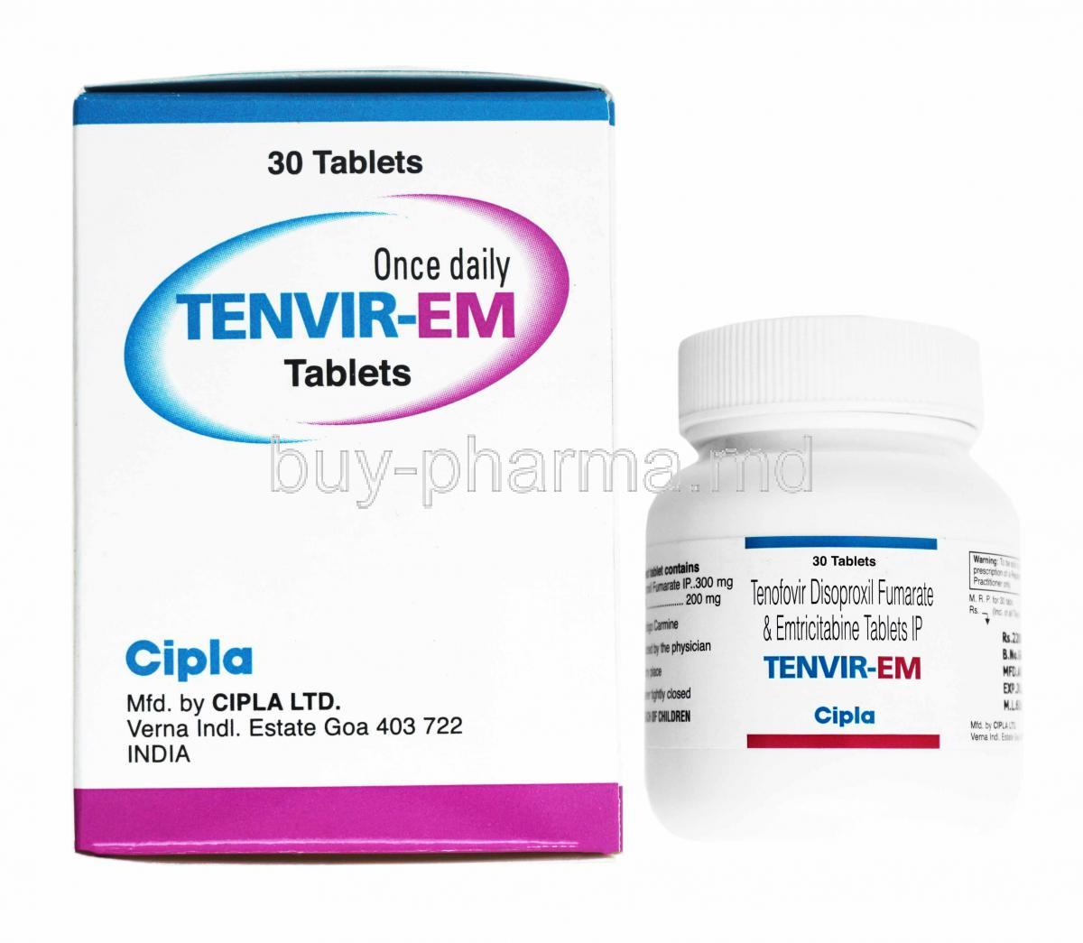 Tenvir-EM, Emtricitabine and Tenofovir disoproxil fumarate box and bottle