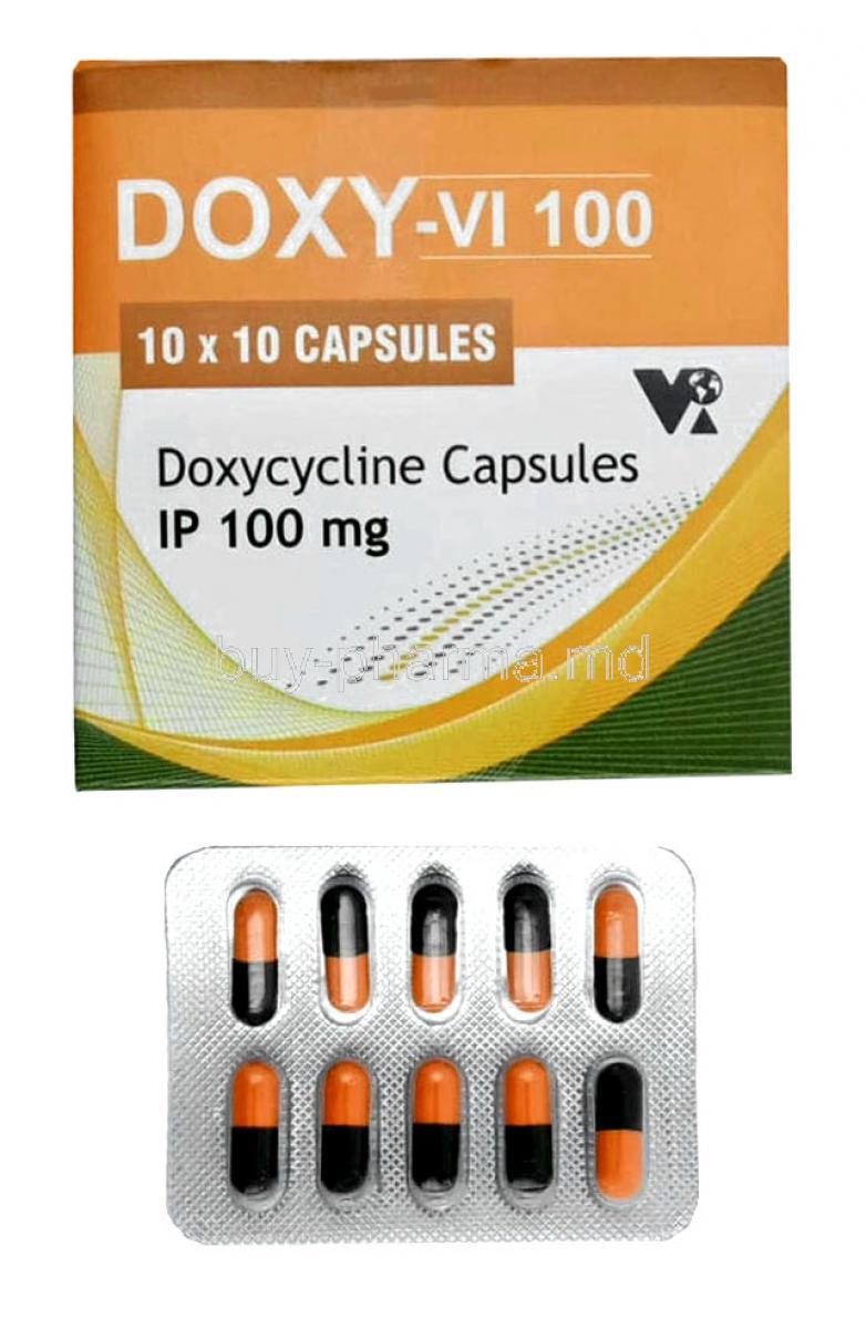 Doxy VI 100, Doxycycline 100mg, Capsule,Vea Impex, Box, Bristerpack front view