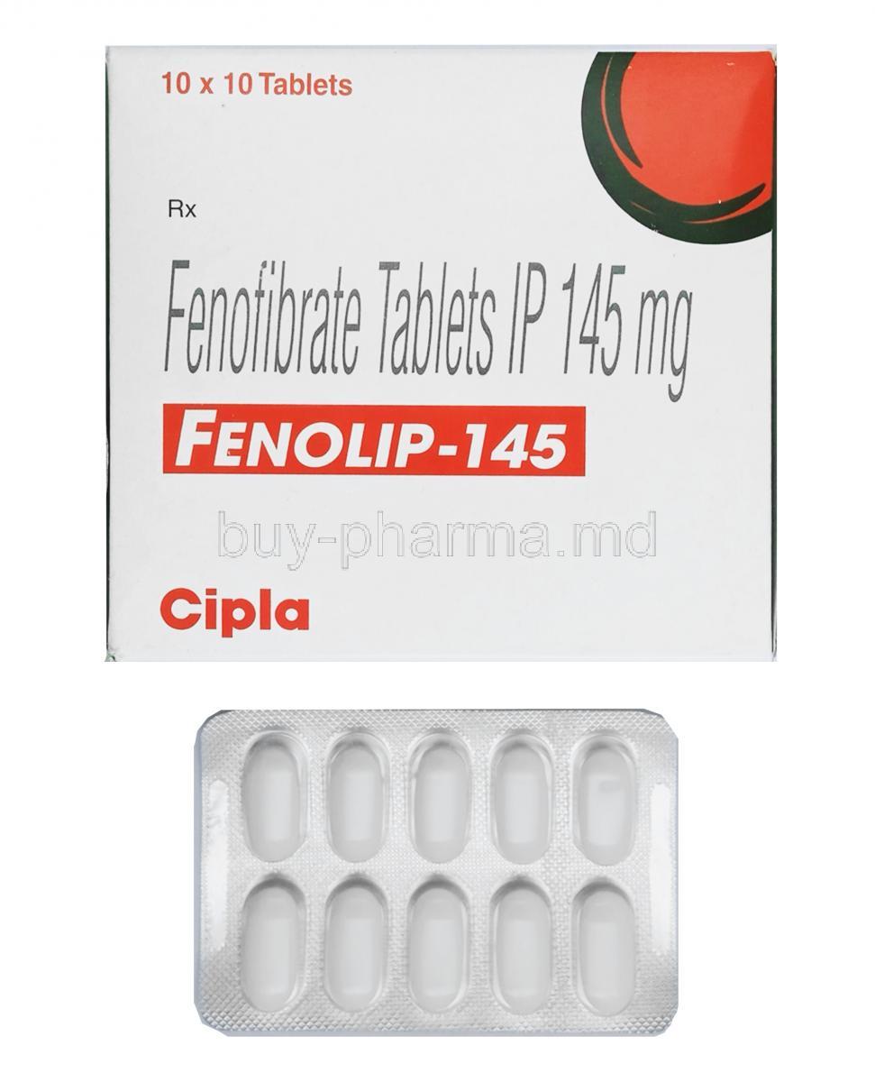 Fenolip, Fenofibrate 145mg  box and tablet