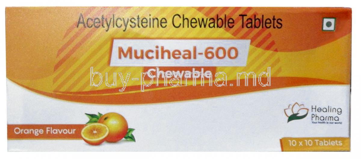 Muciheal 600, Acethylcysteine, Chewable Tablet, Orange Flavour, Healing Pharma, Box