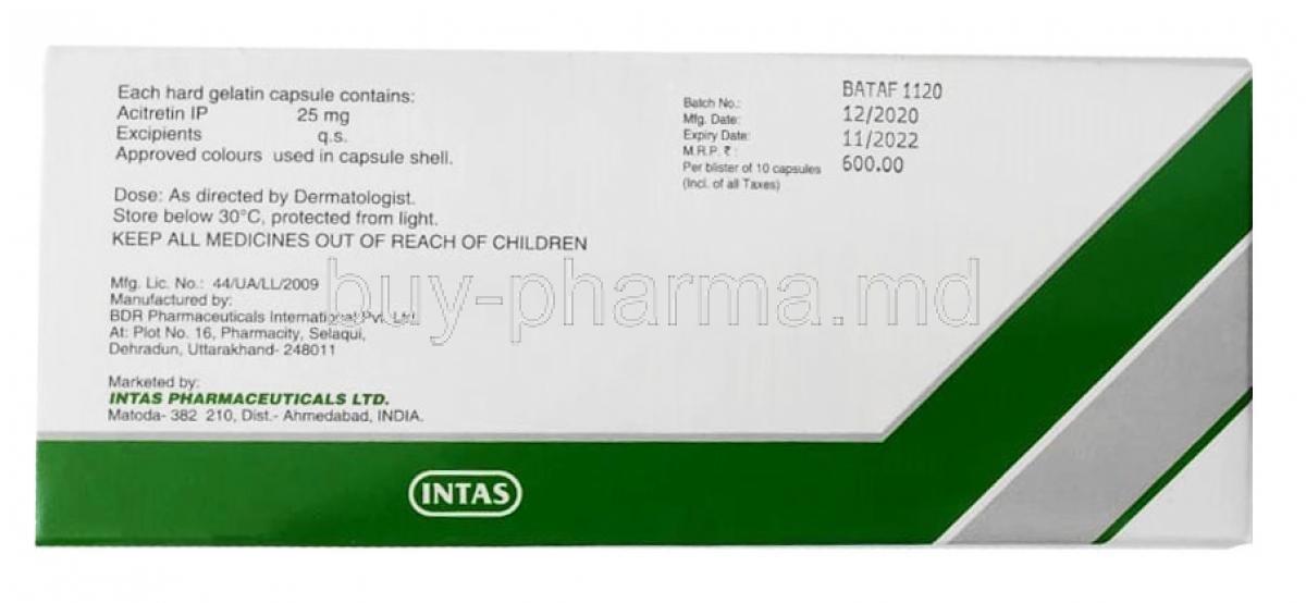 Actoid 25, Acitretin 25 mg, Capsule, Intas Pharmaceuticals Ltd, Box information
