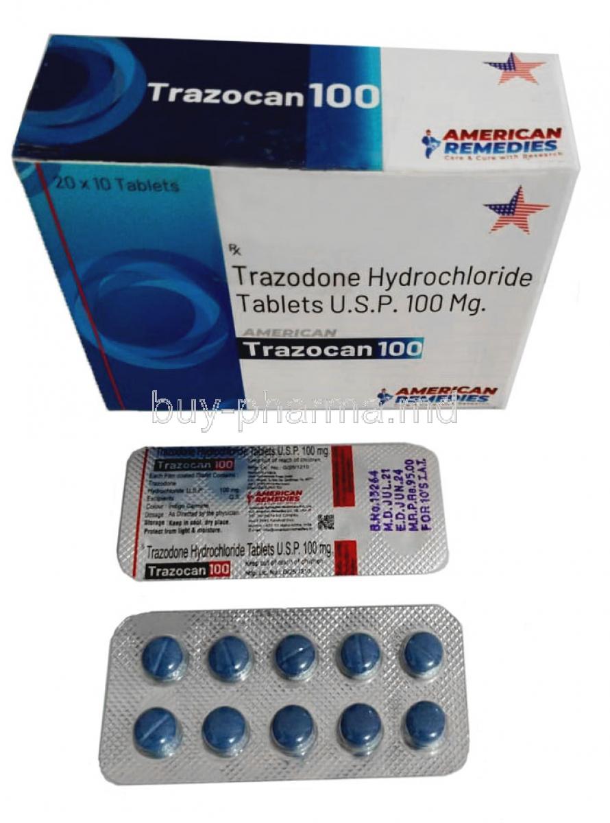 Trazocan 100, Trazodone Hydrochloride, Tablet, American Remedies, Box, Blisterpack informatoin