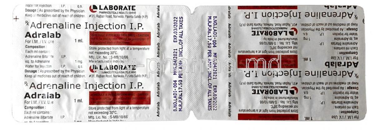 Adralab Injection, Adrenaline 1mg, Injection, 1ml, Laborate, Blisterpack information