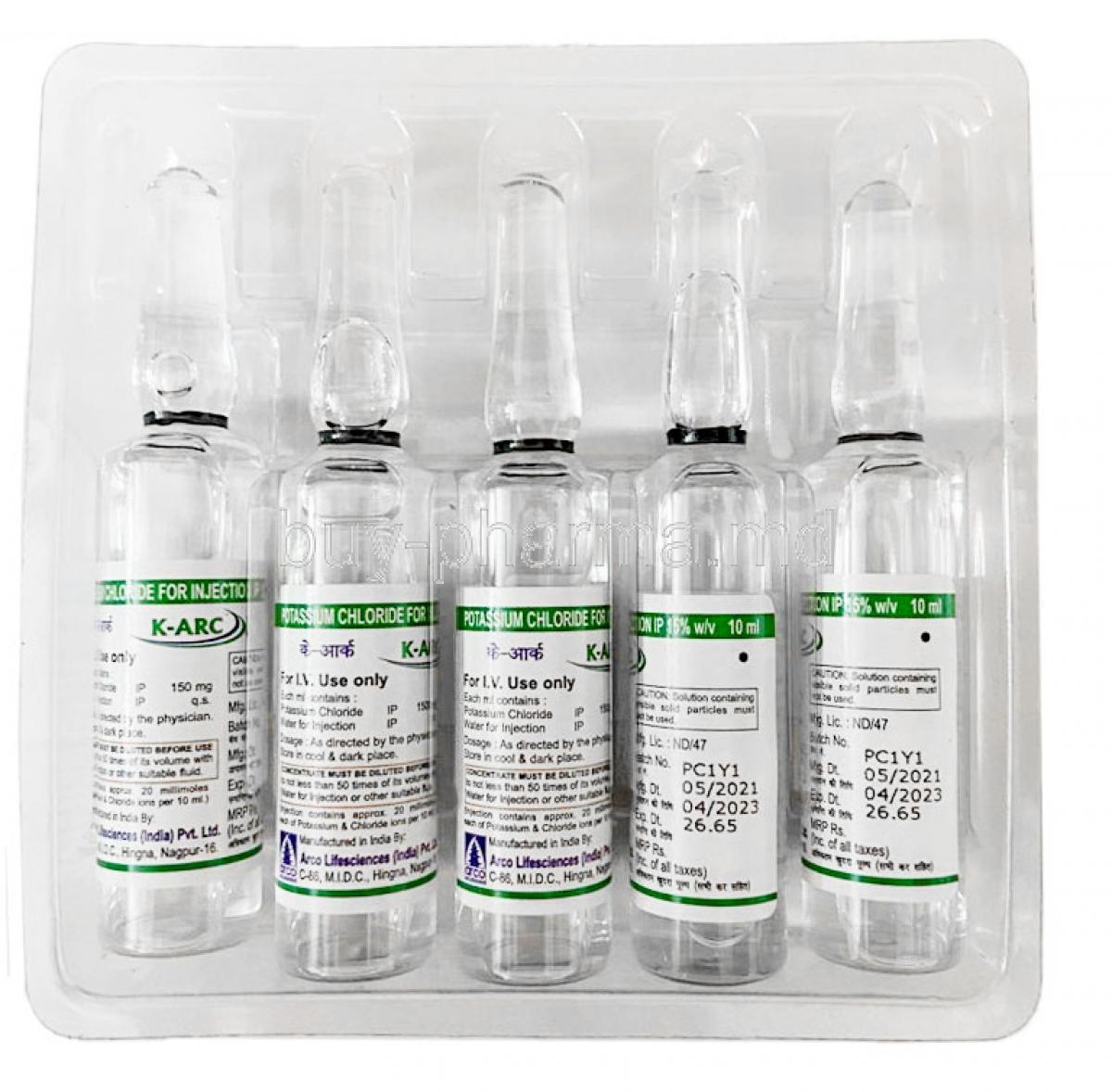 K-Arc Injection, Potassium Chloride 150mg, Injection 10ml, Arco lifesciences (india) pvt ltd, Package