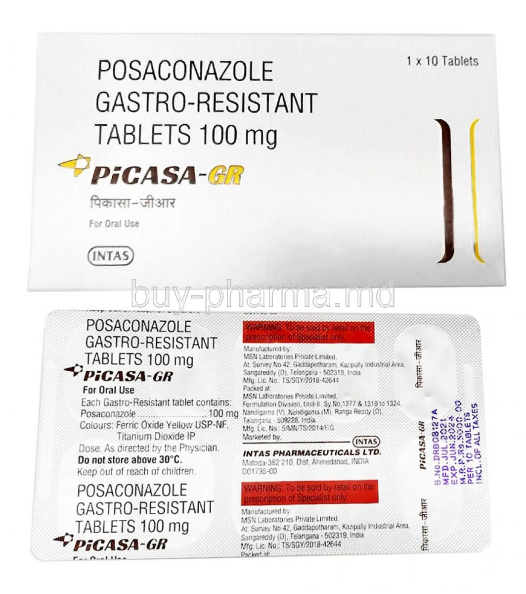 Picasa GR, Posaconazole100mg,Tablet, Intas Pharmaceuticals Ltd, Box front view, Blisterpack information