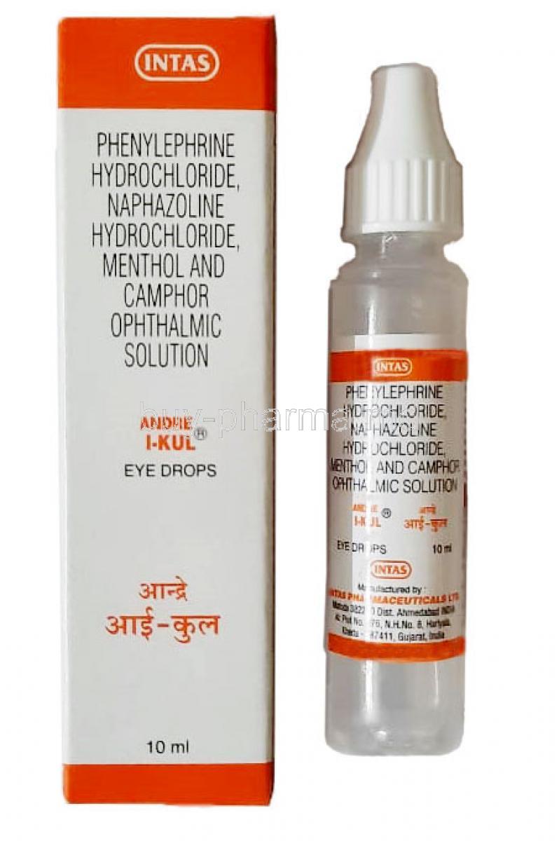 Andre I-Kul Eye Drop,Camphor, Menthol, Naphazoline,Phenylephrine, Eye drop Intas Pharmaceuticals Ltd,10ml, Box, Bottle
