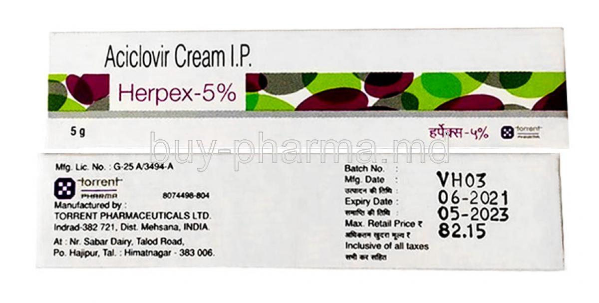 Herpex cream, Aciclovir 5%, Cream I.P, 5g, Torrent Pharmaceuticals Ltd, Box information