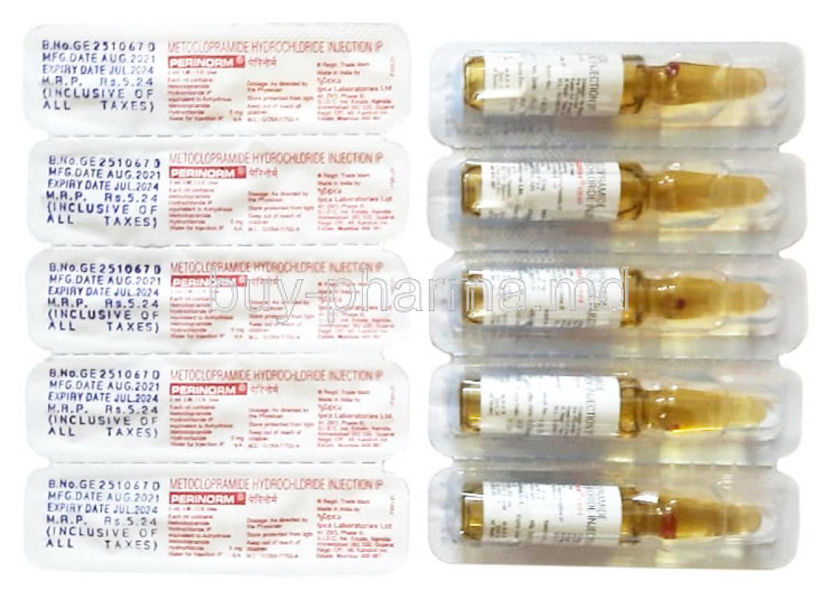 Perinorm Injection, Metoclopramide 5mg per ml, Ipca Laboratories, package information