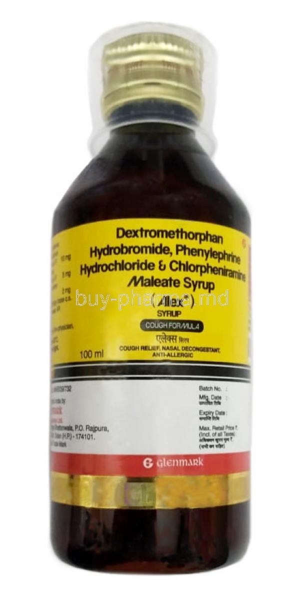 Alex Syrup, Phenylephrine 5mg per 5ml/ Chlorpheniramine Maleate 2mg per 5ml/ Dextromethorphan 10mg per 5ml, 100ml, Glenmark, Bottle  front view