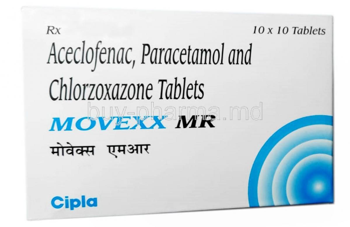 Movexx MR, Aceclofenac 100mg, Paracetamol 325mg, Chlorzoxazone 250mg, Cipla, Box front view