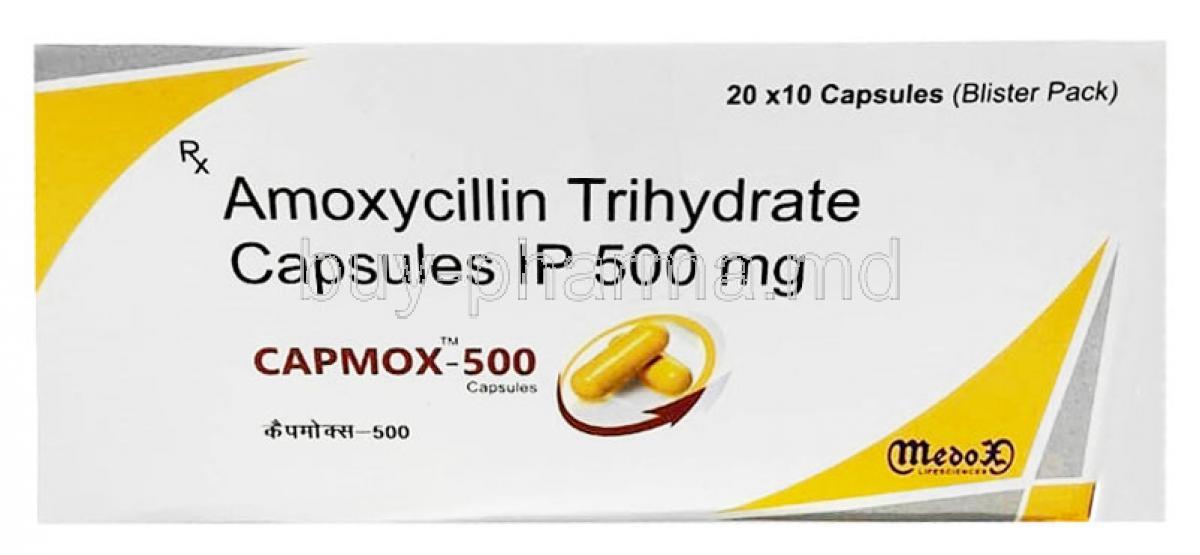 Capmox, Amoxycillin 500mg, capsule, Medox Lifescience, Box front view (200caps)