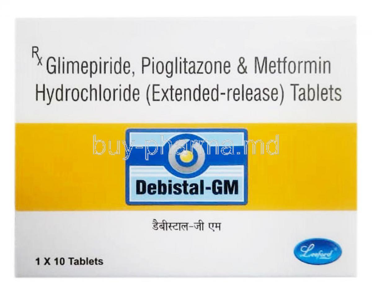 Debistal-GM, Glimepiride 2mg/ Metformin 500mg/ Pioglitazone 15mg, Leeford Healthcare Ltd, Box front view