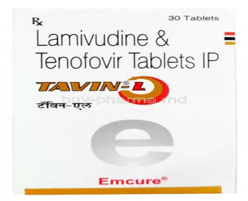 Tavin L, Lamivudine 300mg/Tenofovir 300mg, 30tabs, Emcure Pharma, Box front view
