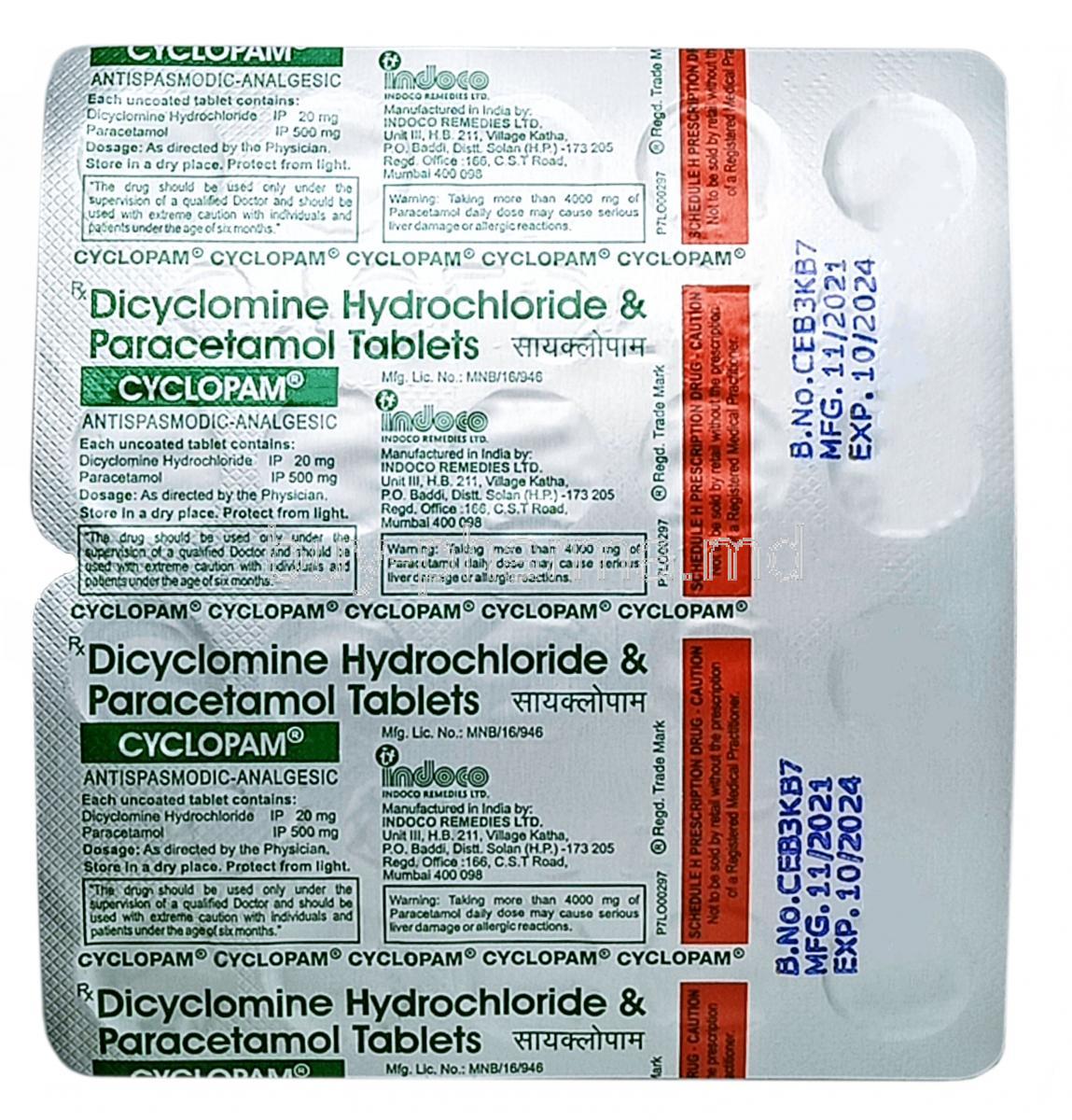 Cyclopam, Dicyclomine 20mg, Paracetamol 500mg, Indoco Remedies, Blisterpack information