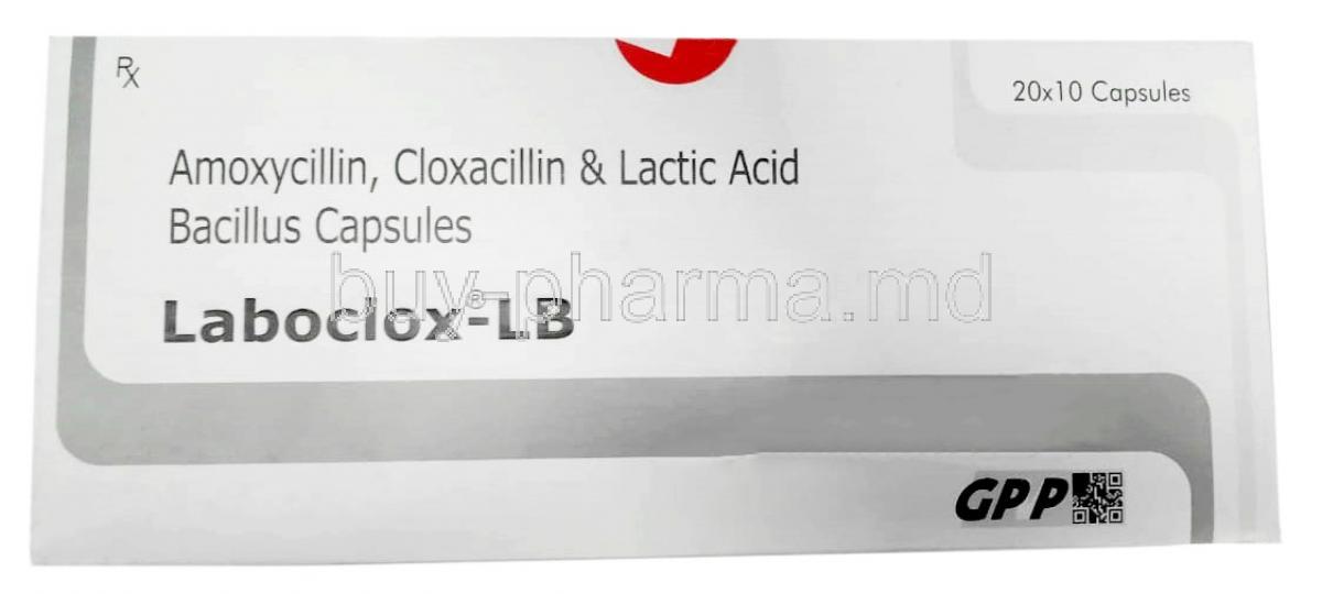 Laboclox LB, Amoxycillin 250mg/ Cloxacillin 250mg/ Lactobacillus 90 Million Spores, GPP, Box front view