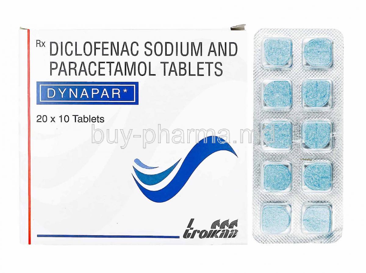 Dynapar, Diclofenac and Paracetamol box and tablets