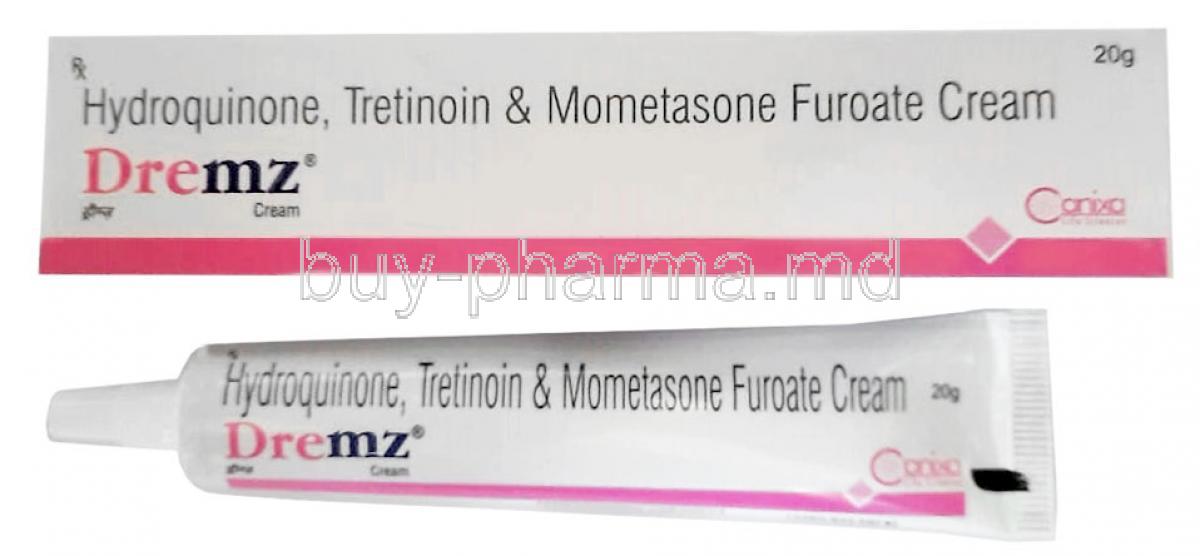 Dremz Cream, Hydroquinone 4% w/w/ Mometasone 0.1% w/w/ Tretinoin 0.025% w/w, Cream 20g, Canixa Life Sciences, Box, tube