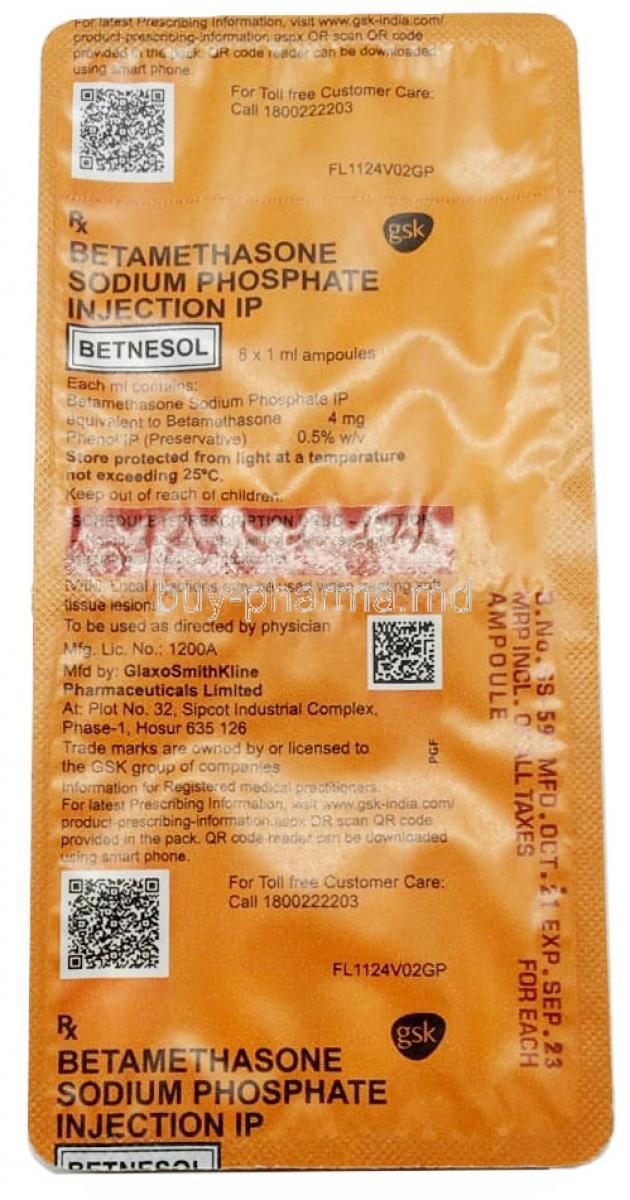 Betnesol Injection, Betamethasone 4mg/ml, Injection, GSK, Sheet information