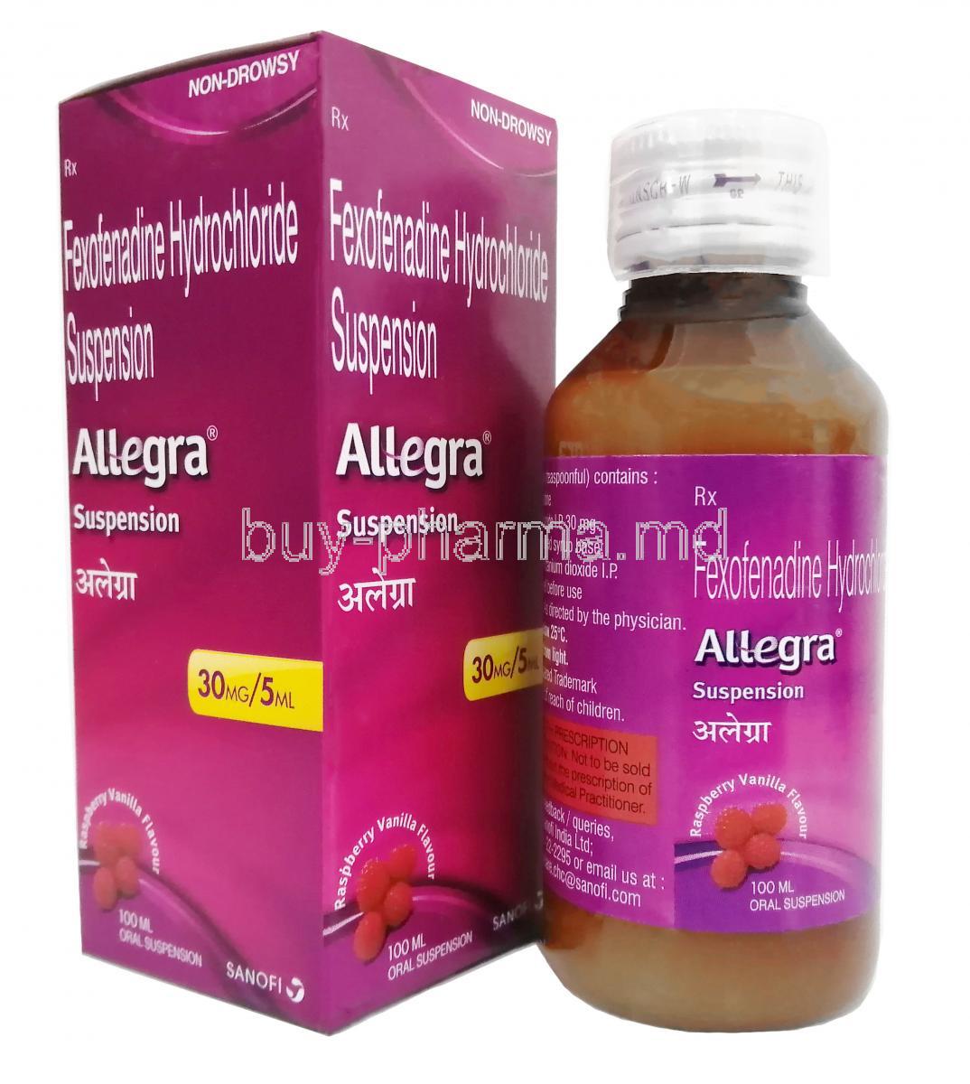 Allegra Suspension, Fexofenadine 30mg/5mL, Suspension 100mL, Box, Bottle
