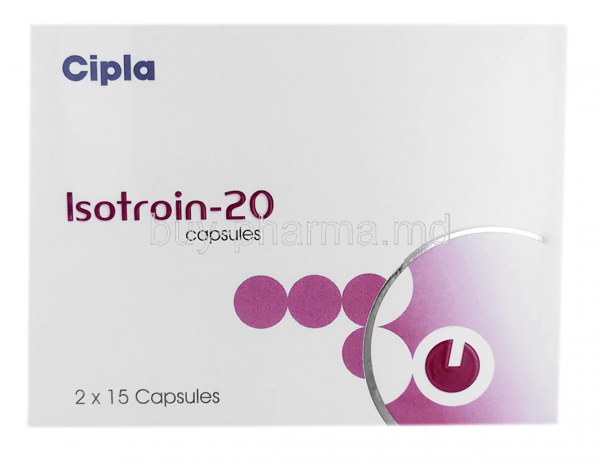 Isotroin, Isotretinoin 20mg, Cipla, Box front view
