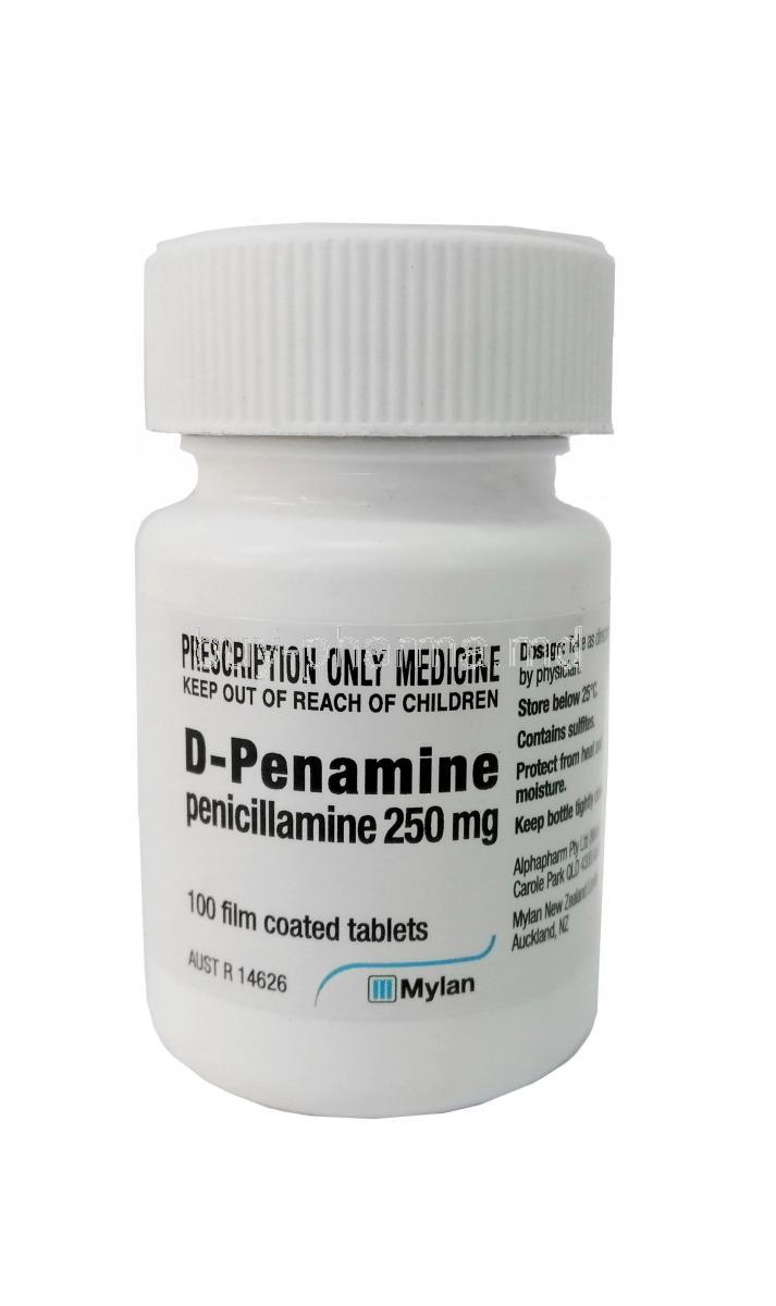 D-Penamine, Penicillamine 250 mg, 100tabs per bottle, Mylan, Bottle front view