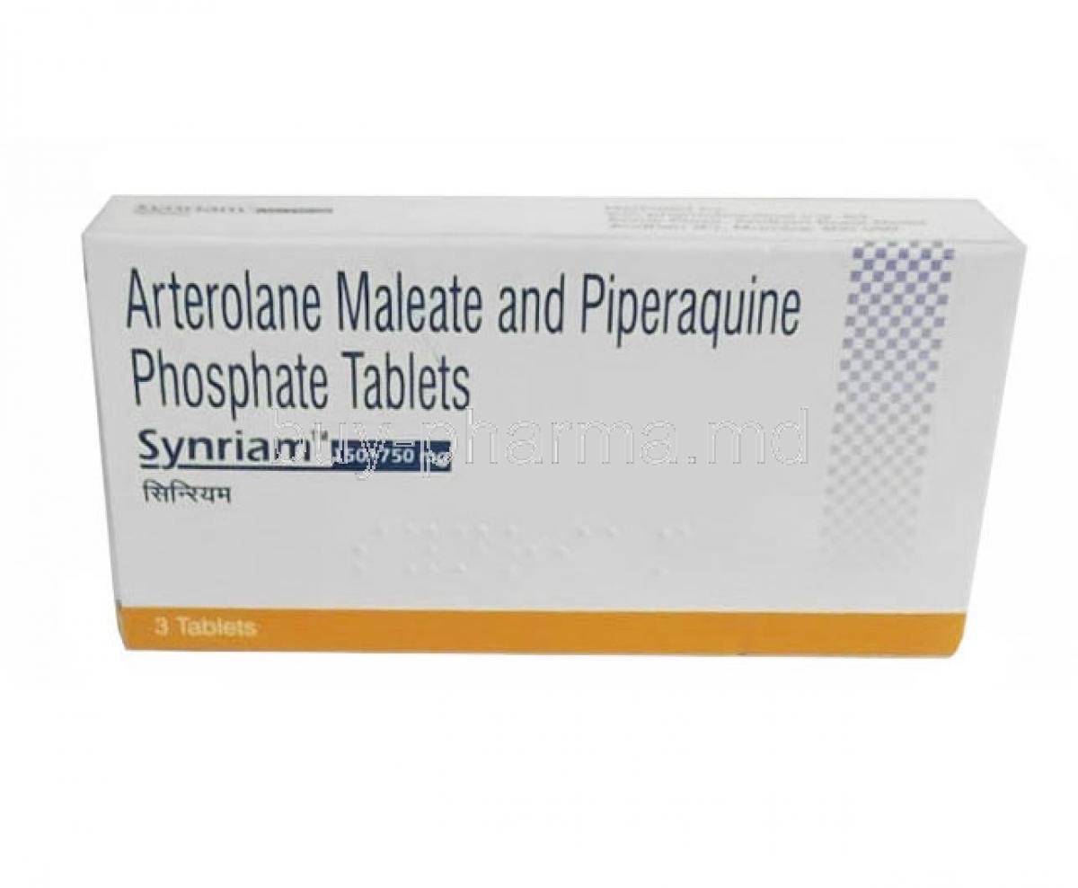 Synriam,Arterolane 150mg/ Piperaquine 750mg, 3tablets, Sun pharma, Box front view