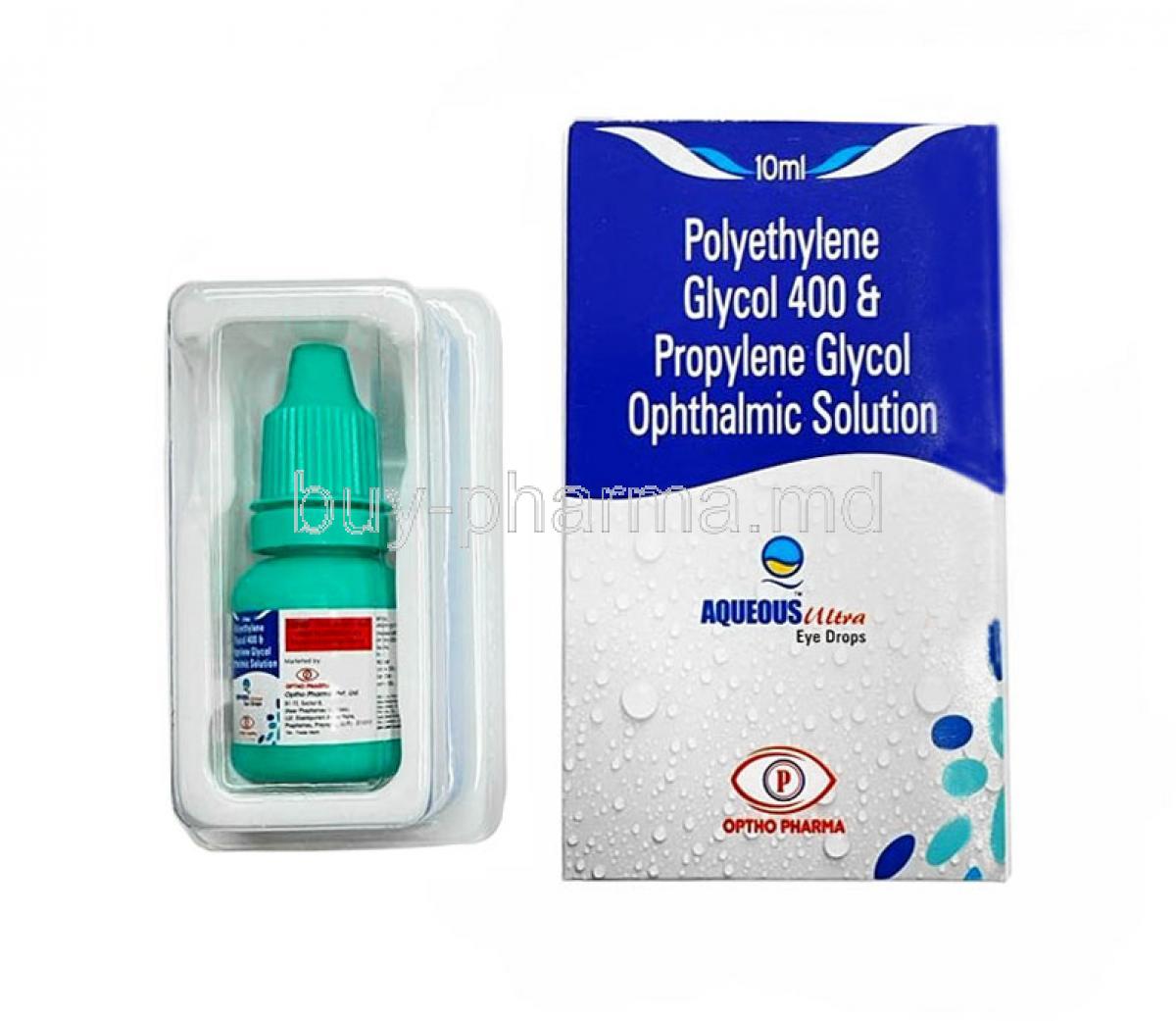Aqueous Ultra Eye Drop, Polyethylene Glycol 0.4% w/v/ Propylene Glycol 0.3% w/v, Eye Drop 10mL, Optho Pharma Pvt Ltd, Box, Bottle